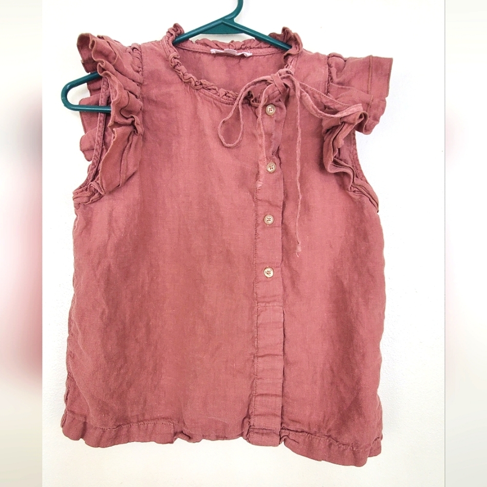 Sita Murt 100% Linen Blouse Ruffled Cap Sleeve Asymmetrical Button Size Medium
